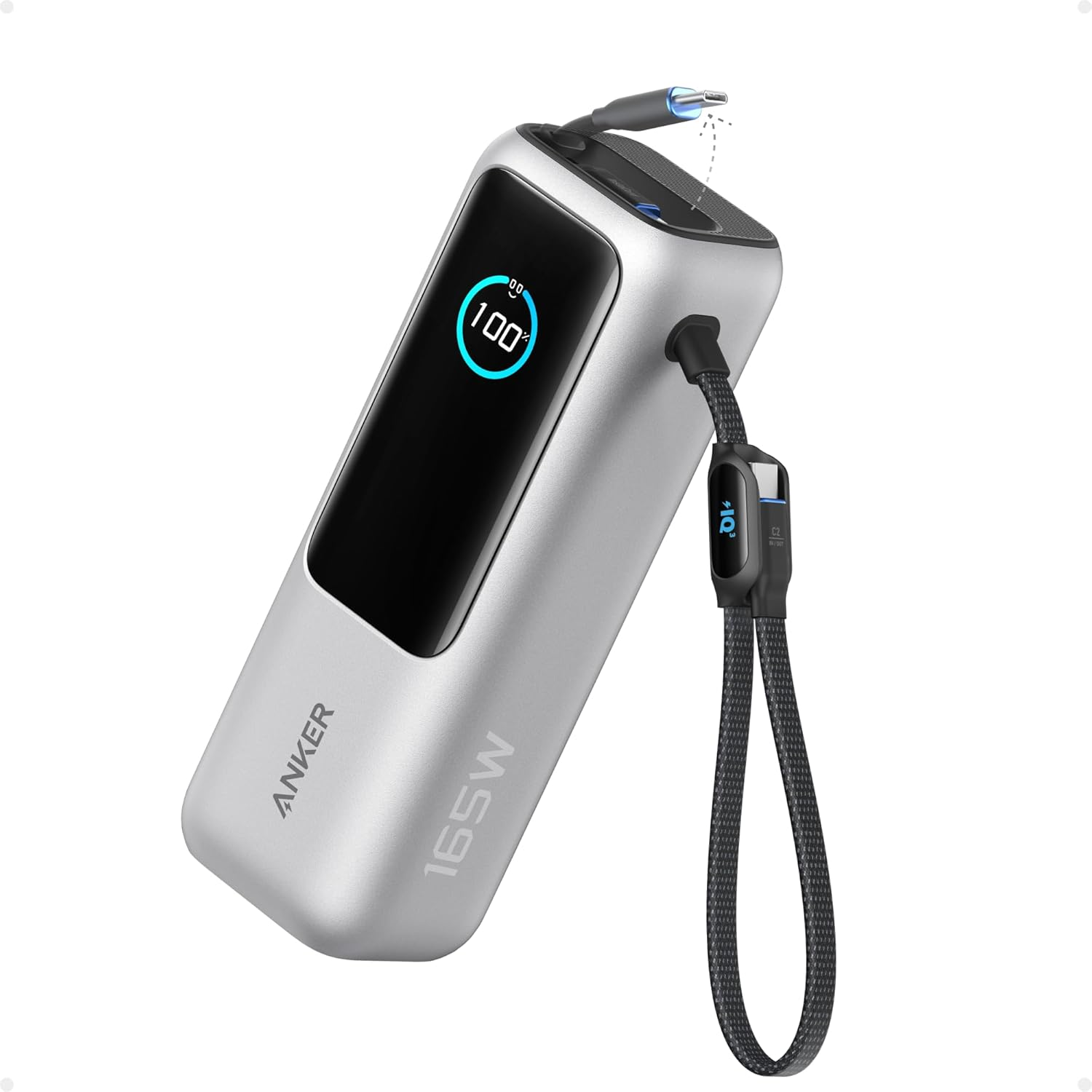 25,000mAh 165W Portable Laptop Power Bank, 3 USB-C High-Speed Outputs, Built-in Retractable Cables, Flight-Approved Fast Charging Power Station for MacBook, iPhone & Samsung