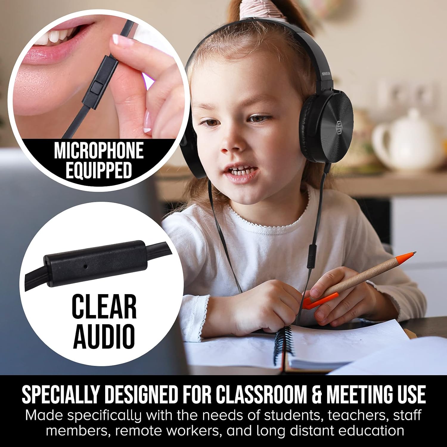 Soft Swivel On Ear Pads- Perfect for E-Learning, Meetings, Calls - Bulk Pack of 5 (Black)