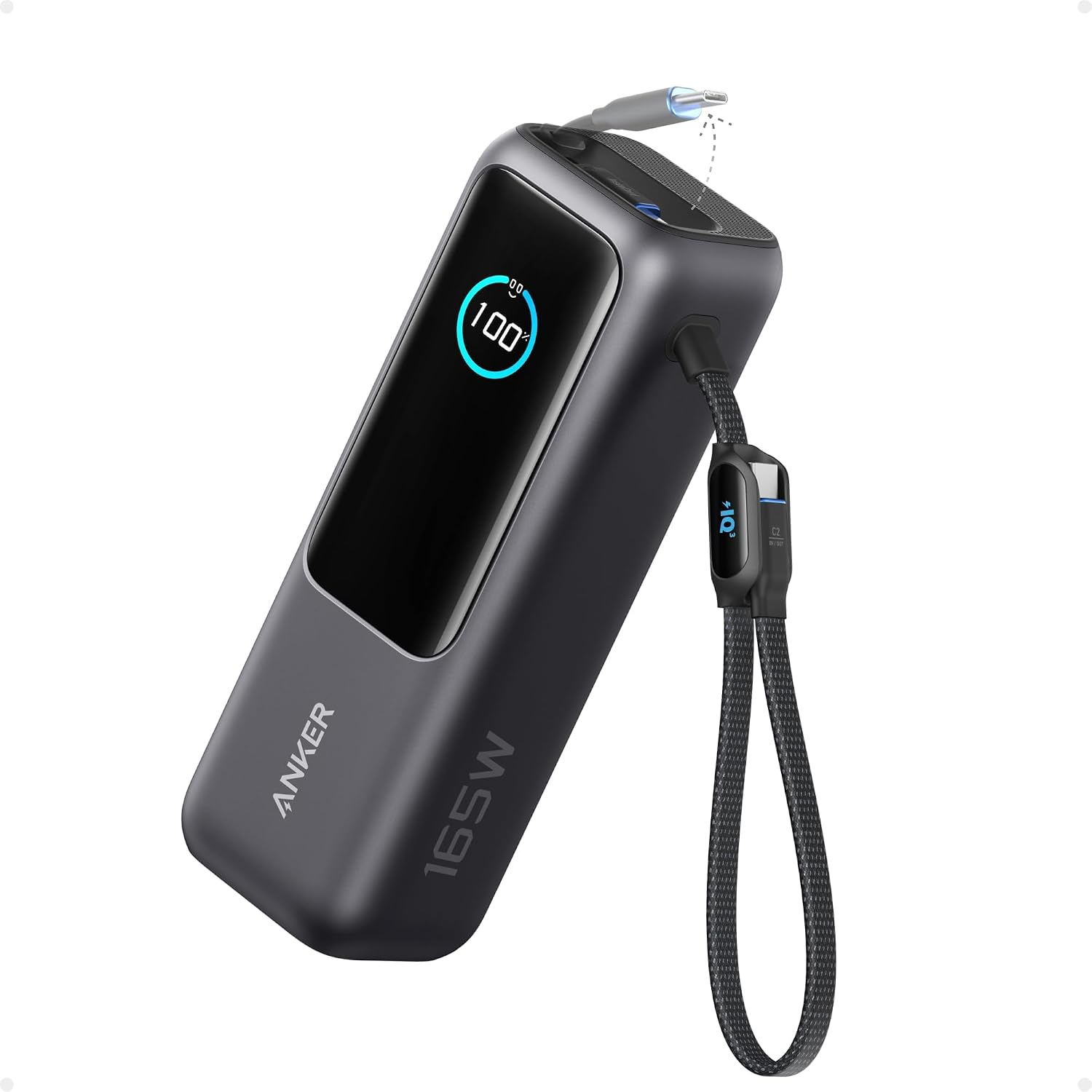 25,000mAh 165W Portable Laptop Power Bank, 3 USB-C High-Speed Outputs, Built-in Retractable Cables, Flight-Approved Fast Charging Power Station for MacBook, iPhone & Samsung